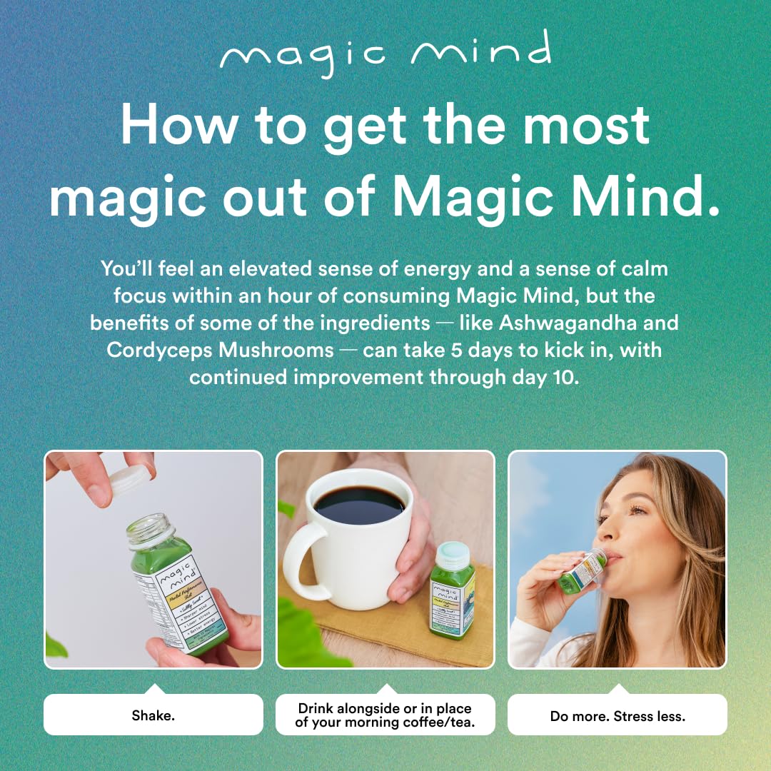Magic Mind Energy Shot vitamin icons highlight B vitamins for vitality.