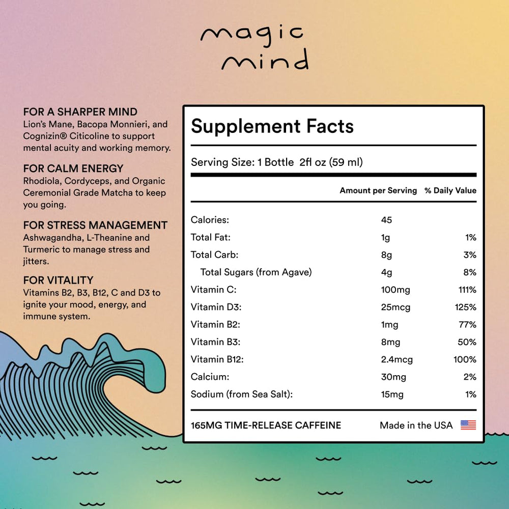 Magic Mind MAXX Energy Shot label closeup highlights ingredients for clarity.
