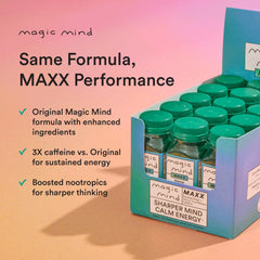 Nutrition facts panel of Magic Mind MAXX bottle visible for informed choice.