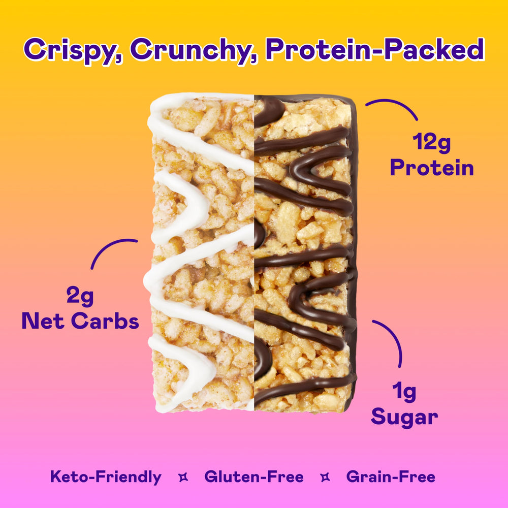 Magic Spoon bar break-open close-up suggests satisfying crunch and texture