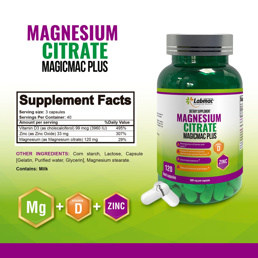 Magicmac Plus 3-in-1 formula capsules label highlighting D3 and Zinc for immune and energy support.
