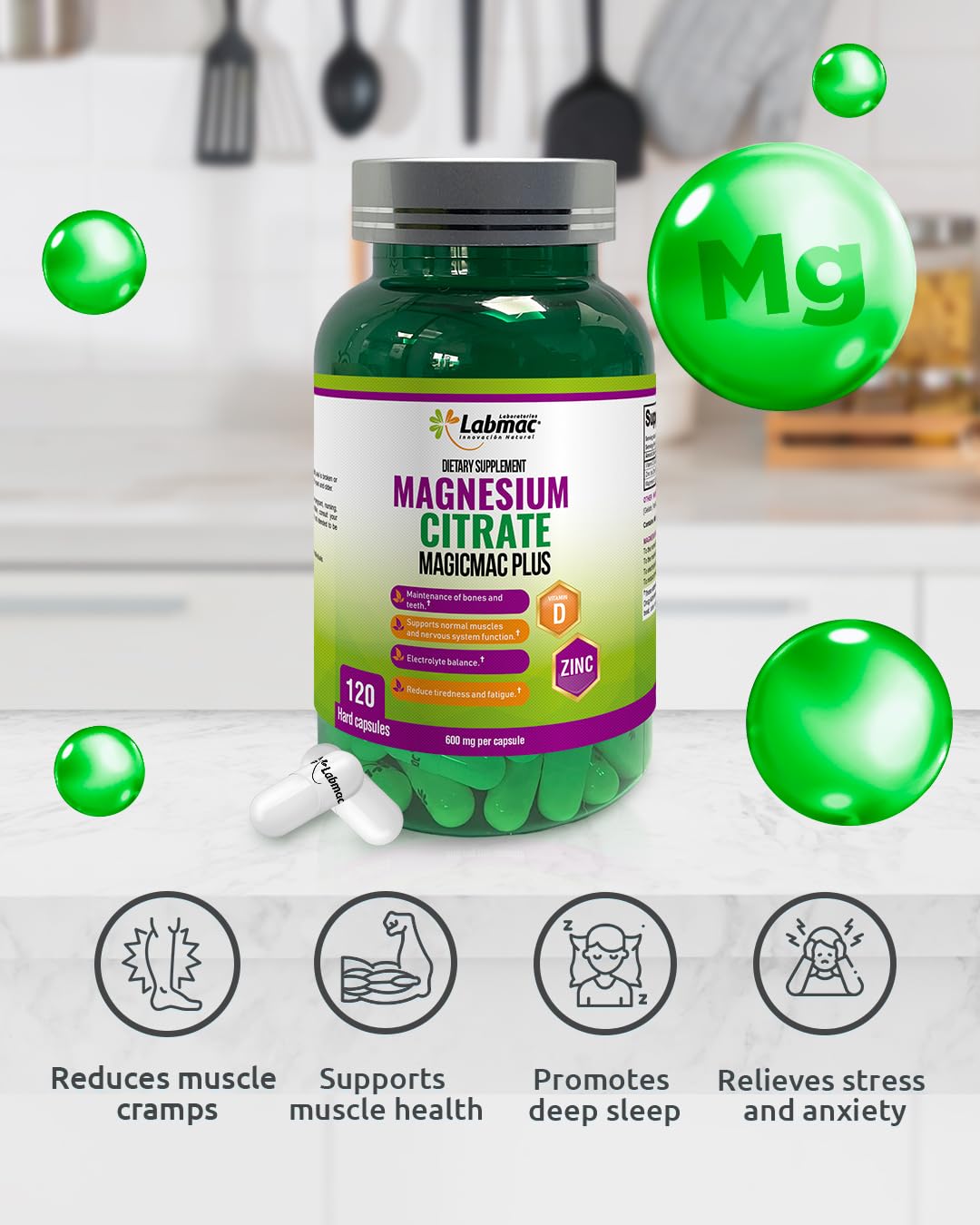Magicmac Plus capsules poured into a glass for easy daily dosing.