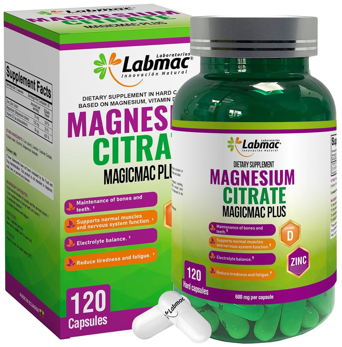 Magicmac Plus magnesium citrate 600mg bottle for daily muscle support.
