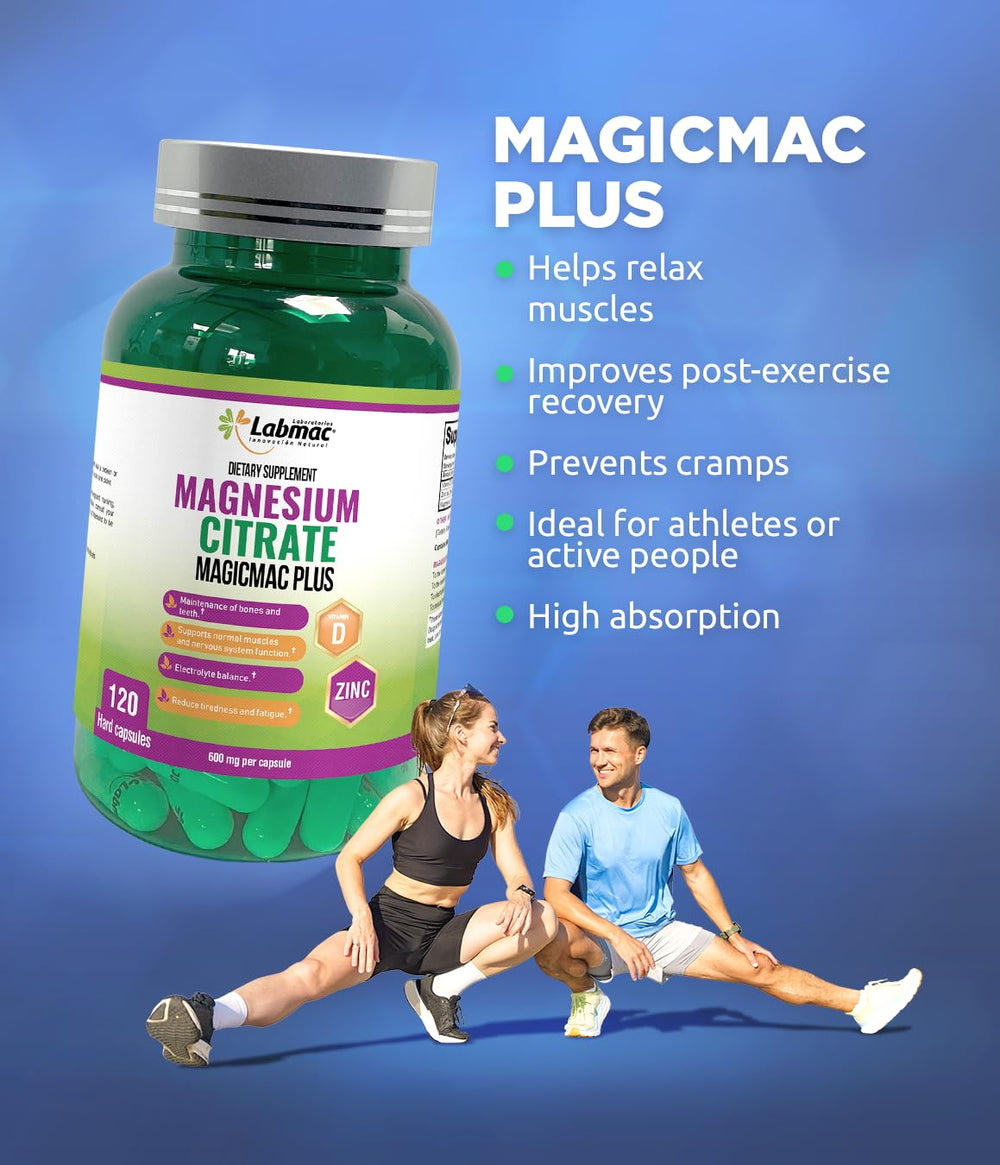 Magicmac Plus Vitamin D3 Zinc label close-up emphasizing bone health.
