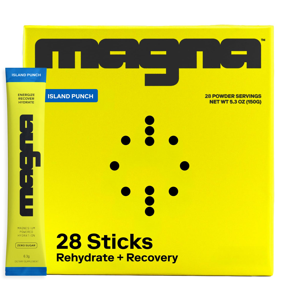 MAGNA Electrolytes Island Punch tub front showing hydration-friendly formula.