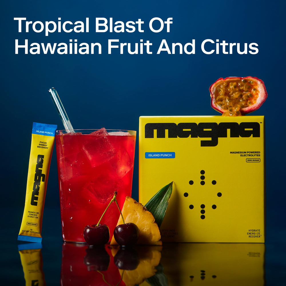 Close-up of MAGNA Electrolytes Island Punch label highlighting ingredients.