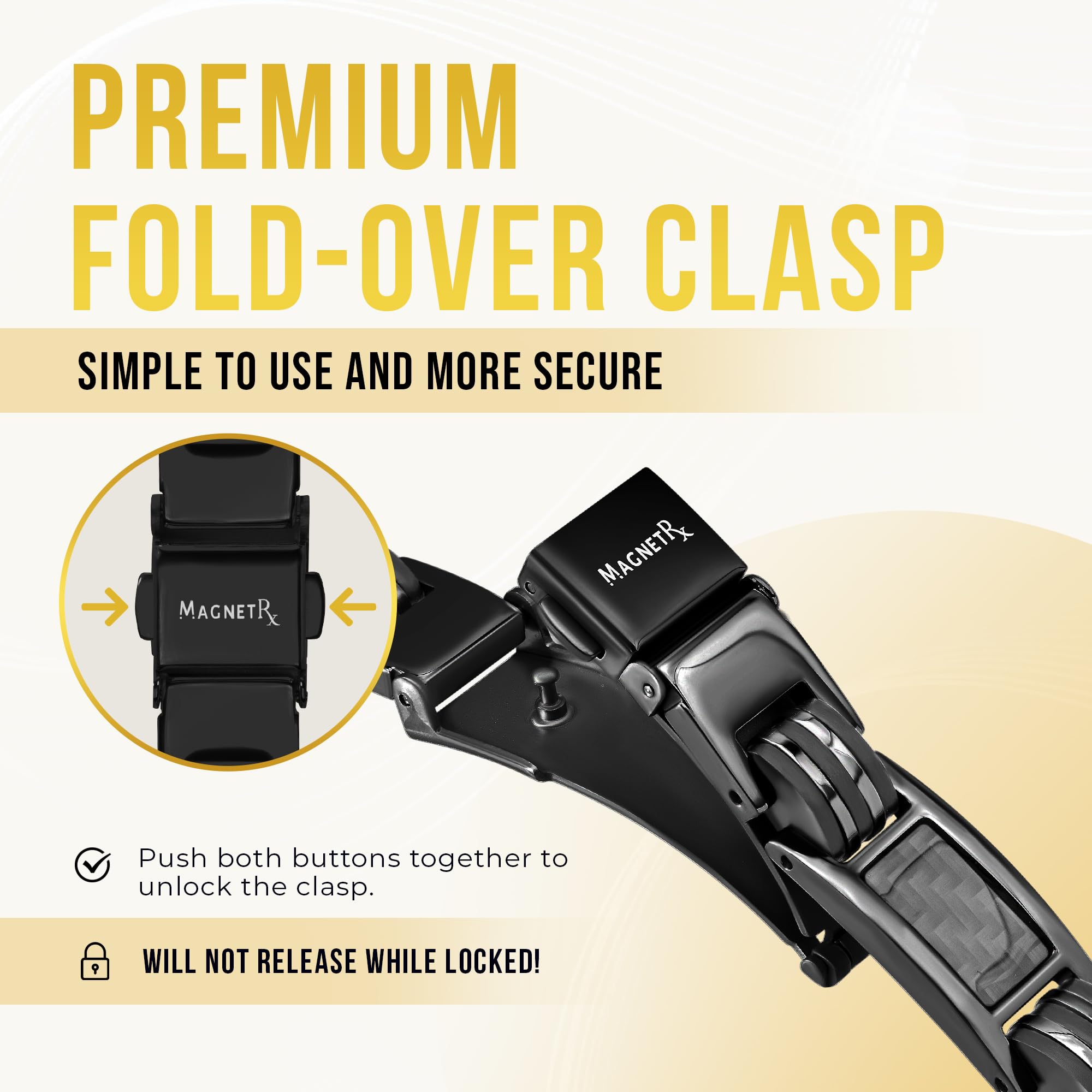 MagnetRX adjustable bracelet sizing tool included for quick, precise fitting.