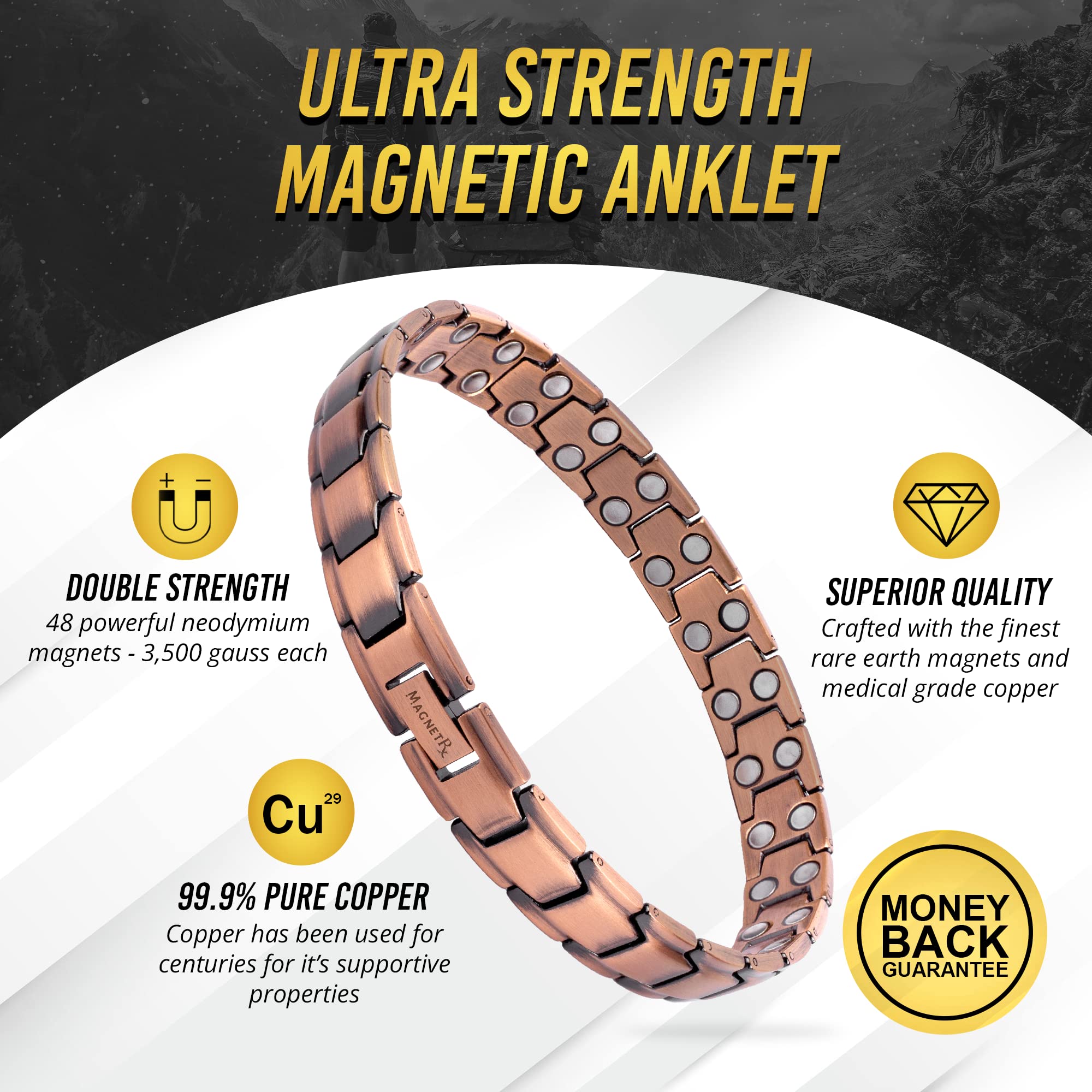 MagnetRX copper anklet for men shows 3,500 gauss magnets for daily activities