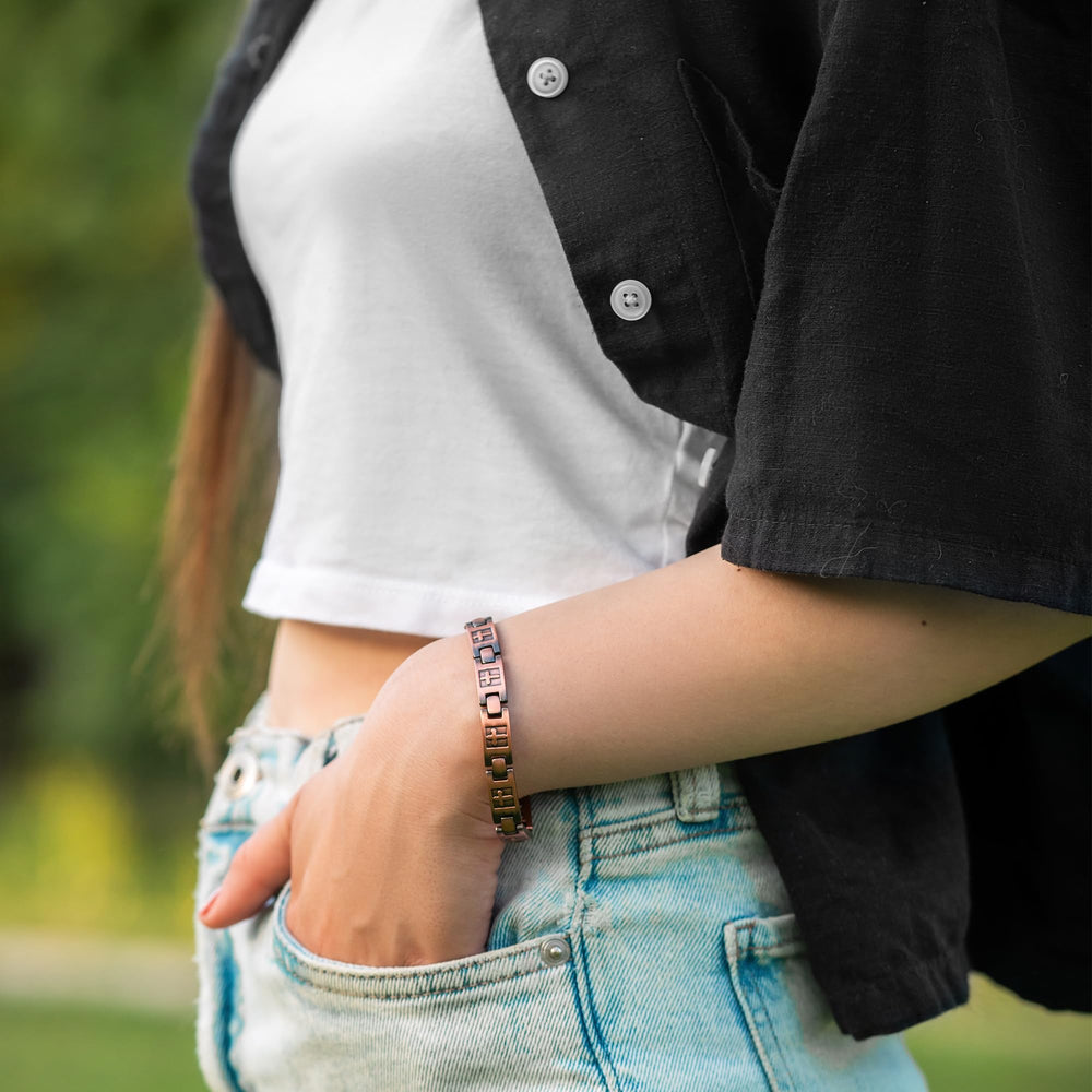 Close-up of the brushed finish on MagnetRX Copper Cross Bracelet for durable, stylish detail