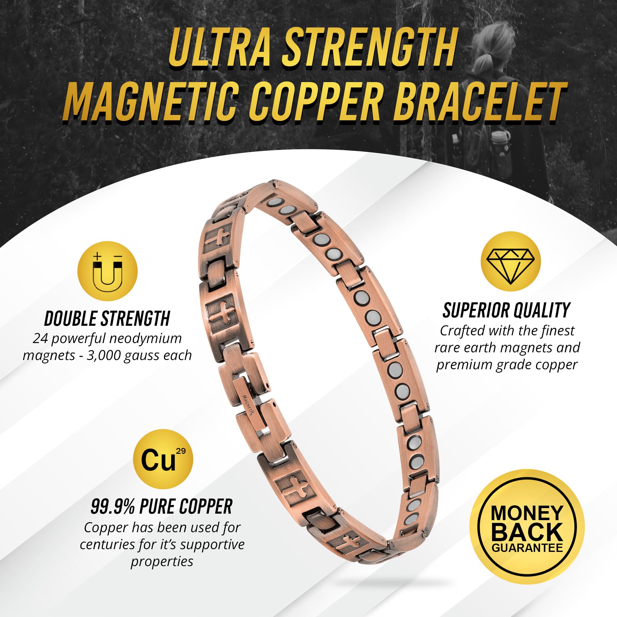 Patina detail on MagnetRX Copper Cross Bracelet signals authenticity and character