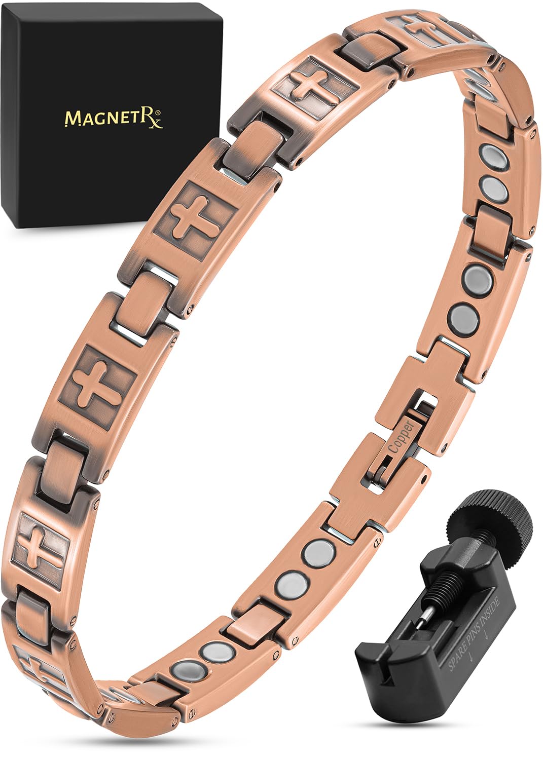 MagnetRX Copper Cross Bracelet on the wrist shows adjustable fit for daily wear