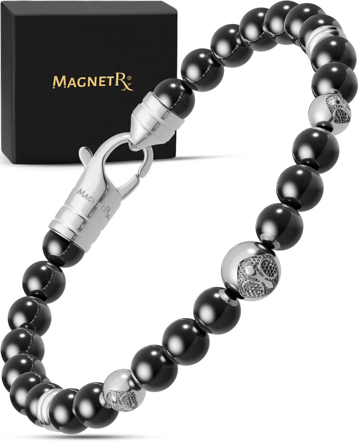 MagnetRX hematite bracelet close-up with 6mm beads and steel clasp for daily wear