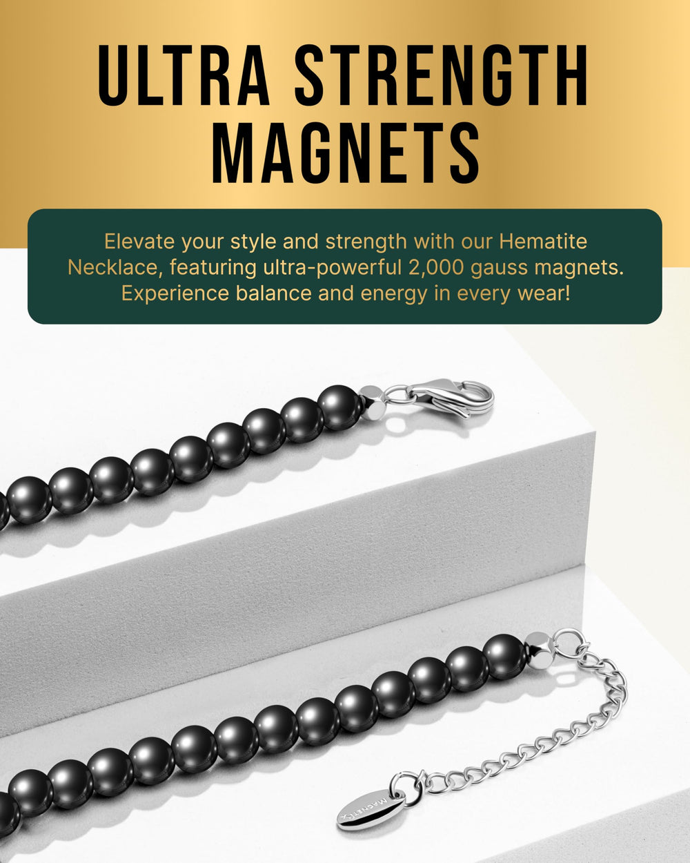 MagnetRX hematite necklace close-up beads worn with denim for casual style and calm confidence.