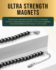 MagnetRX hematite necklace close-up beads worn with denim for casual style and calm confidence.