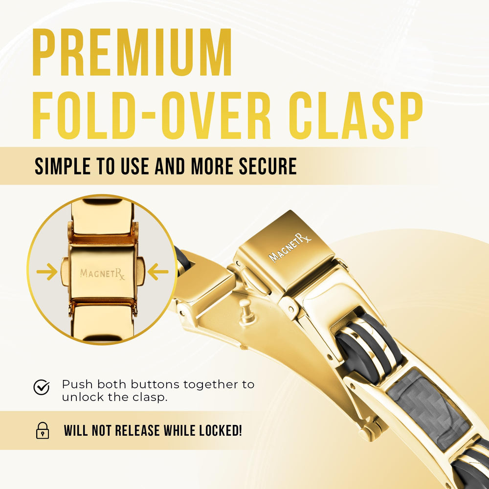 MagnetRX gold bracelet carbon fiber inlay highlights premium materials.