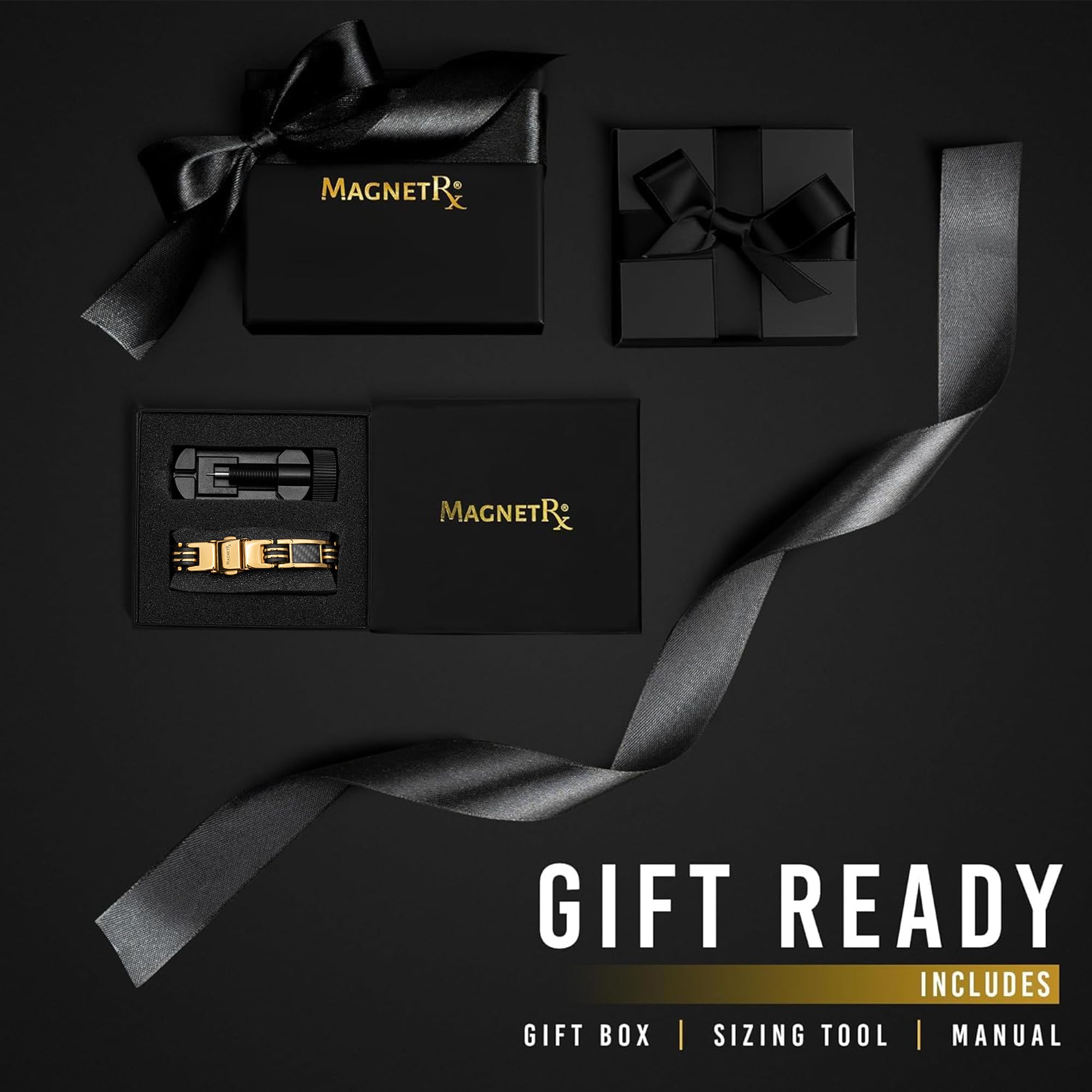 MagnetRX gold bracelet in gift box with sizing tool, ideal gift packaging.