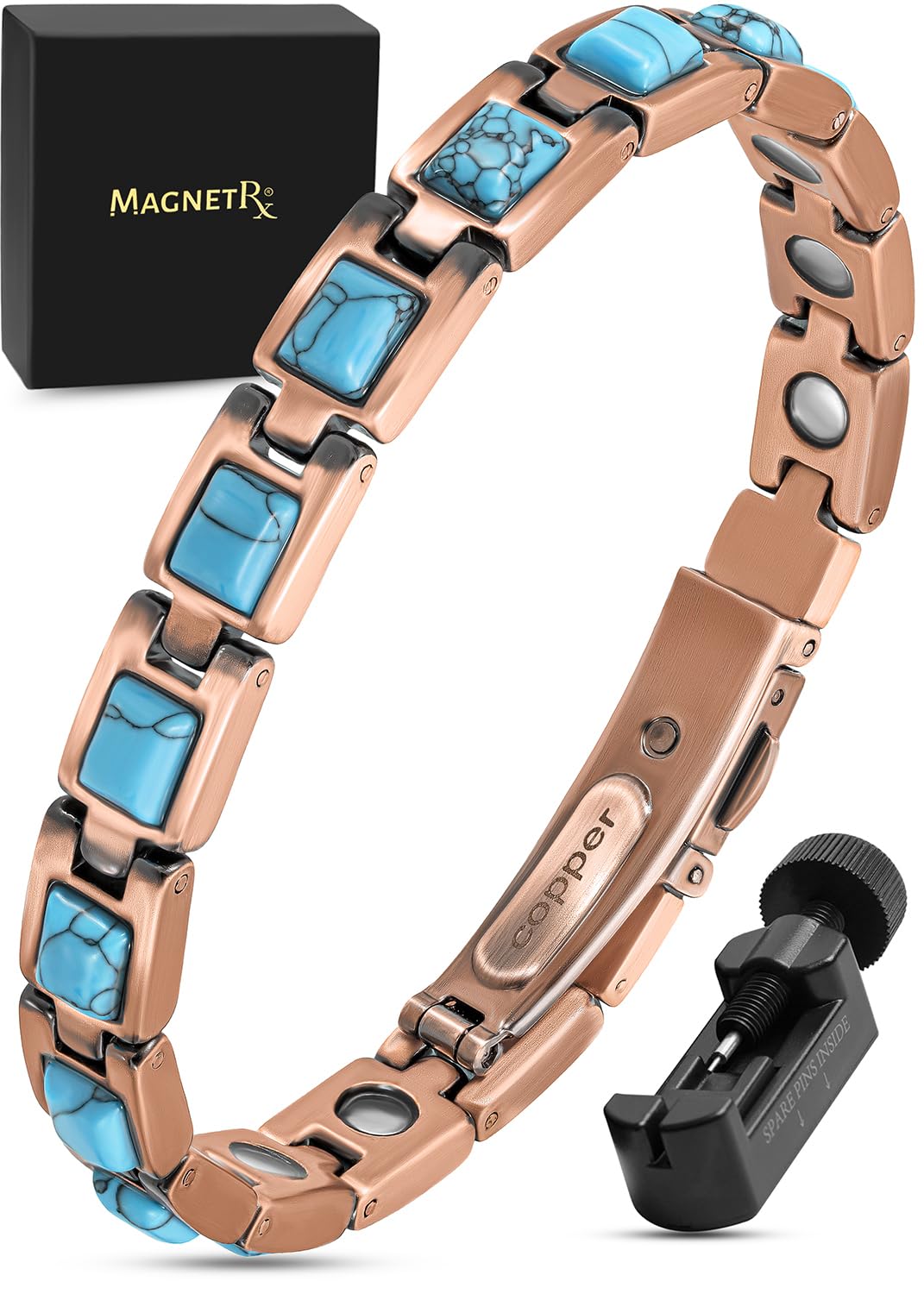MagnetRX pure copper bracelet with turquoise stone, stylish everyday wear.