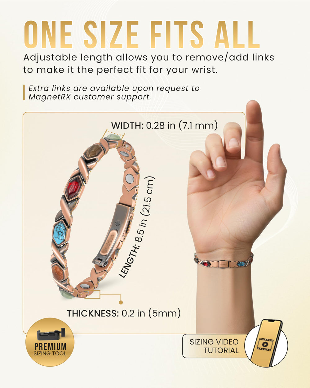 MagnetRX adjustable copper bracelet with sizing tool for a perfect fit.