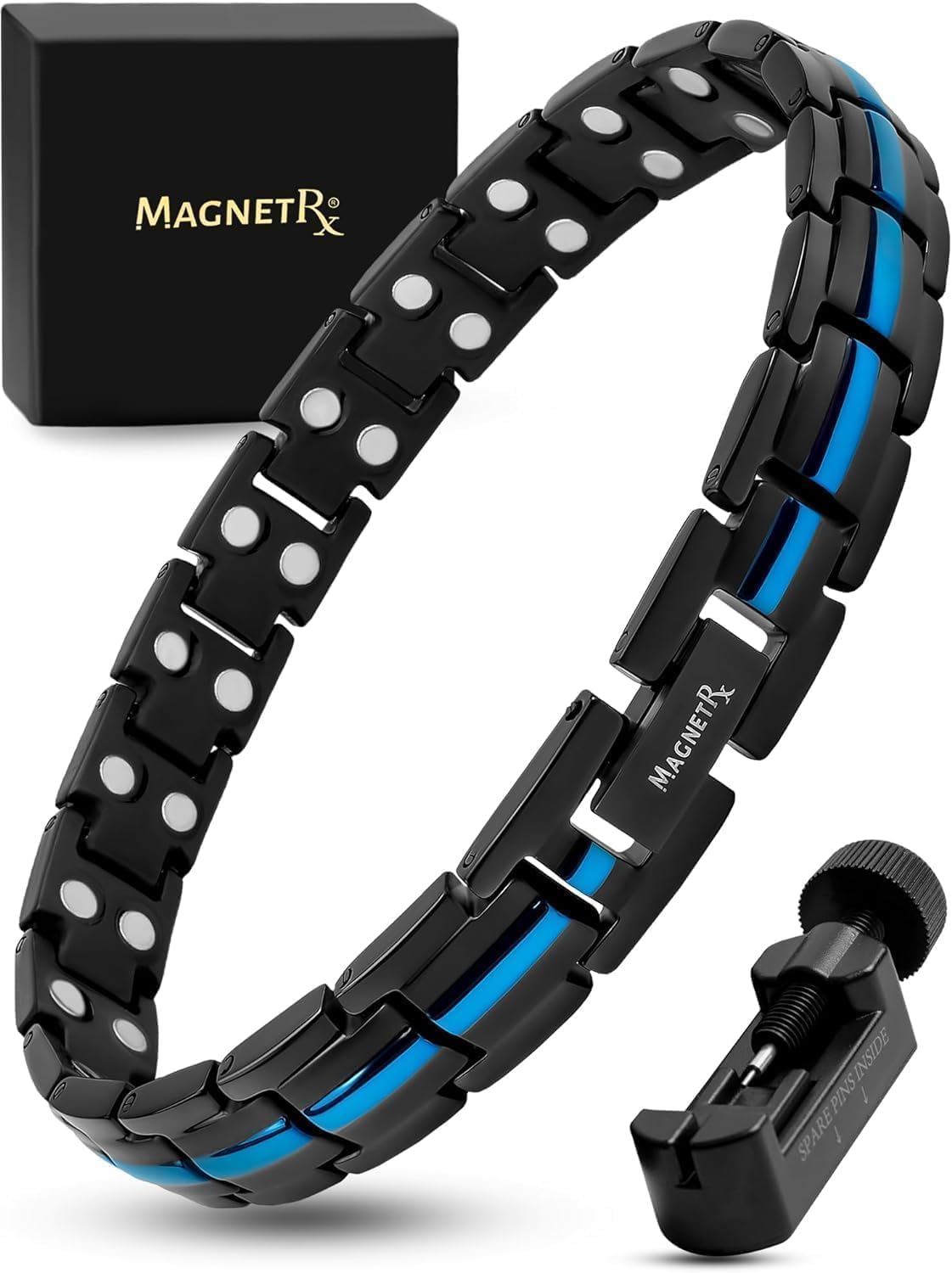 MagnetRX Thin Blue Line Bracelet on the wrist, stylish support for blue line communities.