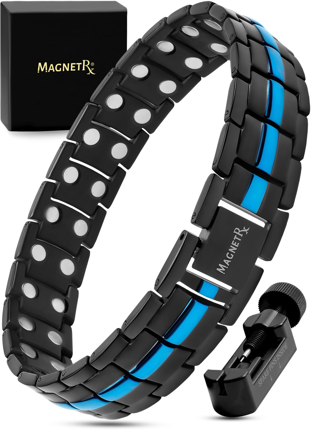 MagnetRX Ultra Strength Bracelet blue line front view, durable titanium for daily wear.