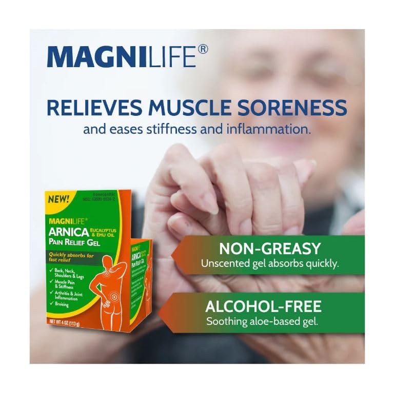 MagniLife Arnica Pain Relief Gel applied to the neck for soothing comfort.
