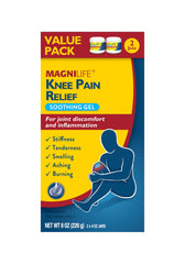 MagniLife knee pain gel box and 2-pack packaging for ongoing use.