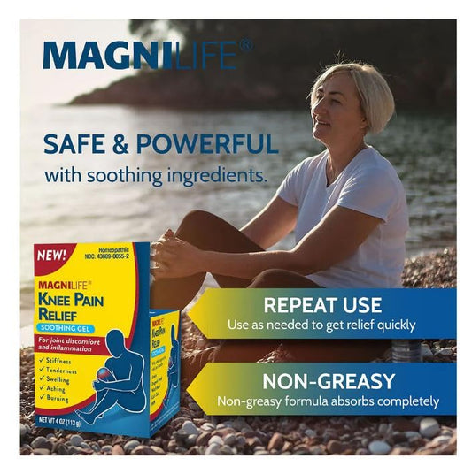 MagniLife knee pain gel tube dispensing demonstrates quick, non-greasy application.