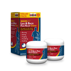 MagniLife leg and back pain cream bottle pour shows a fast-absorbing formula for daily relief.