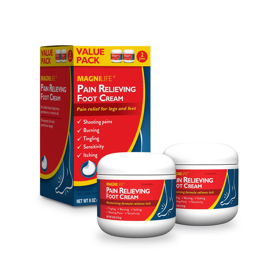 MagniLife Pain Relieving Foot Cream jar front; soothing relief for sore feet.