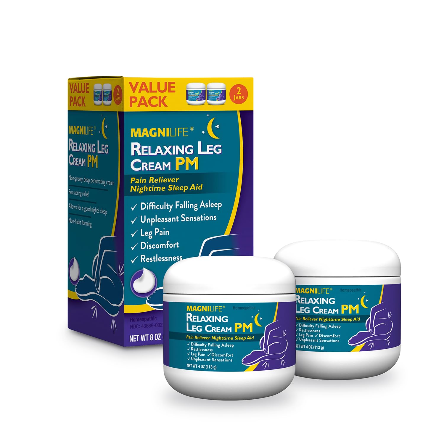 MagniLife Relaxing Leg Cream PM jar front with lavender for calming legs at night.