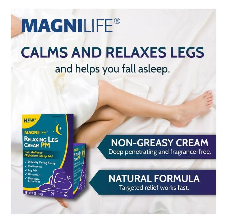 MagniLife Relaxing Leg Cream PM label close-up highlighting natural ingredients for nightly use.
