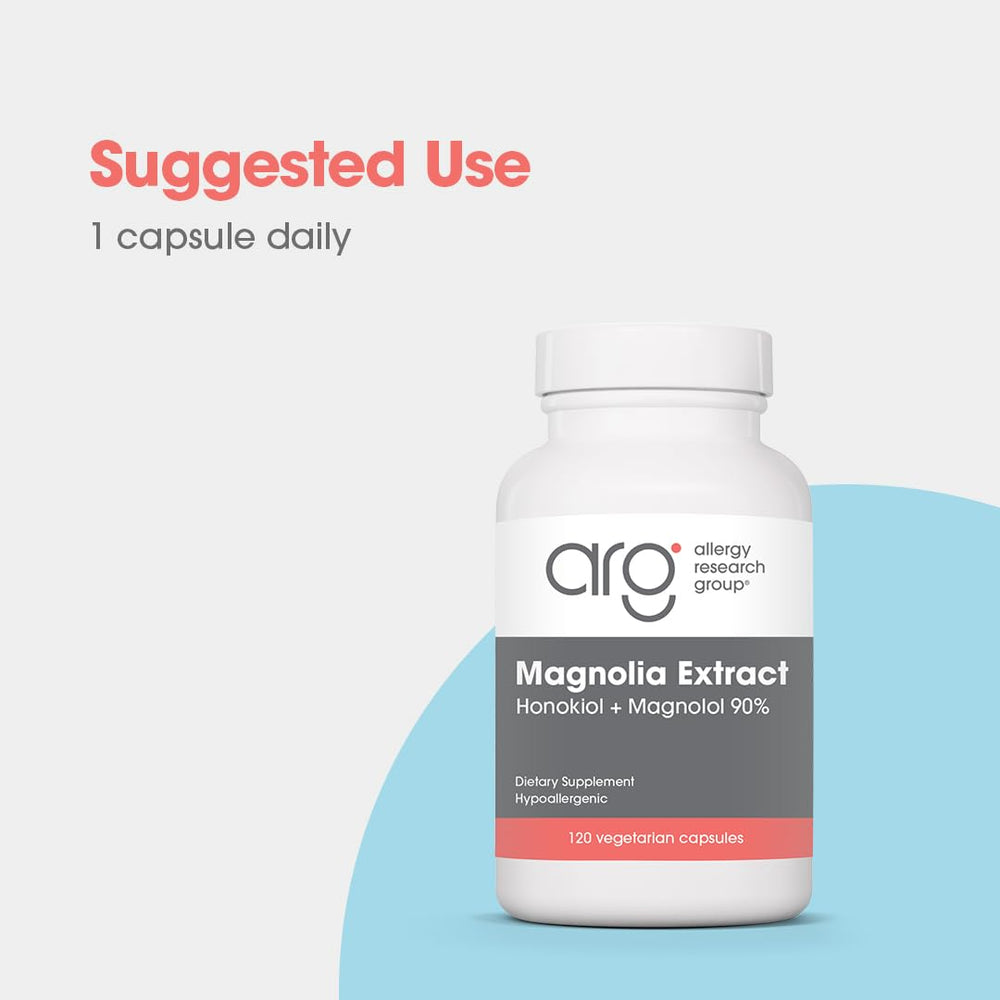 Allergy Research Group Magnolia Extract bottle image highlights potency of honokiol and magnolol.