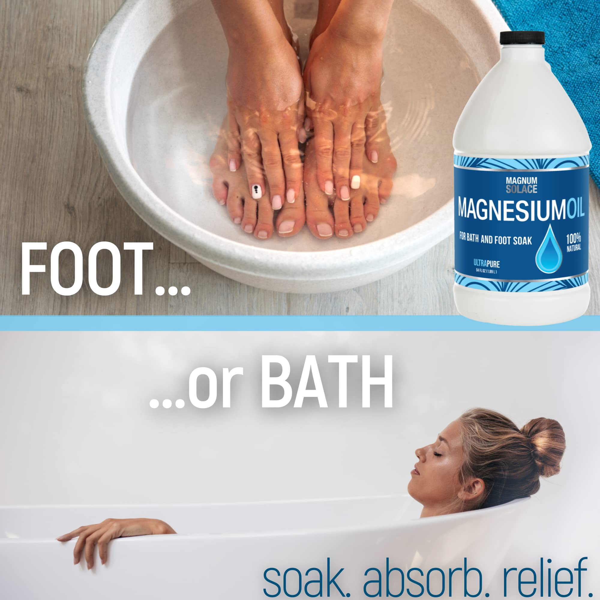 Magnum Solace magnesium oil poured over magnesium bath flakes for soaking