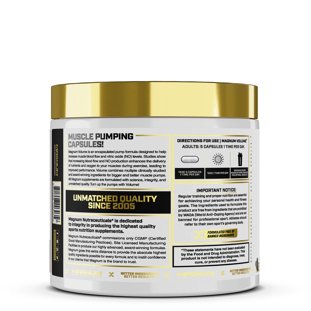 Magnum Volume Magnum Capsules packaging display next to protein shake for performance