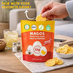 Magos Egg Chips bite-size snack, portable for active days.