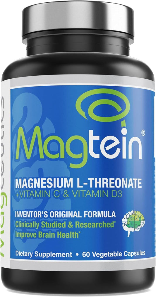 Magtein bottle-front packaging highlights brain health support for daily use.