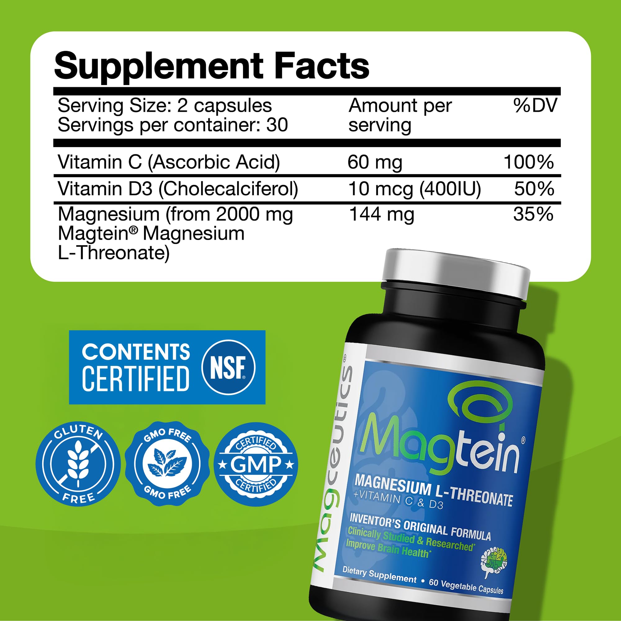 Magtein ingredient icons emphasize non-GMO, kosher, and gluten-free qualities.