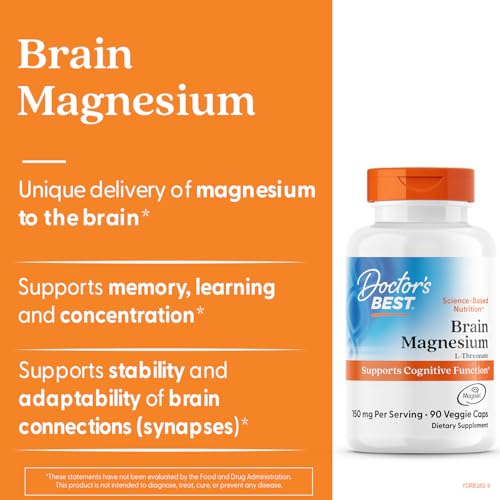 Magtein label close-up on Doctor's Best Brain Magnesium bottle for memory support.