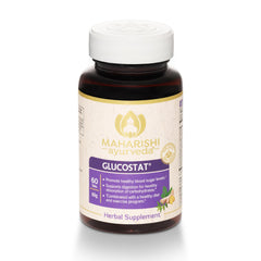 Maharishi Ayurveda Glucostat bottle front showing 1000 mg herbal blend for glucose support.