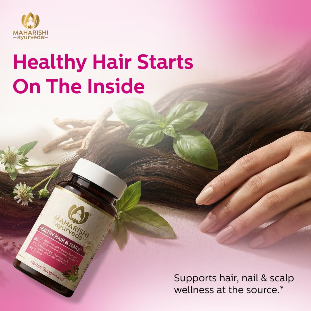 Maharishi Ayurveda Healthy Hair & Nails label detail with eclipta ashwagandha tinospora