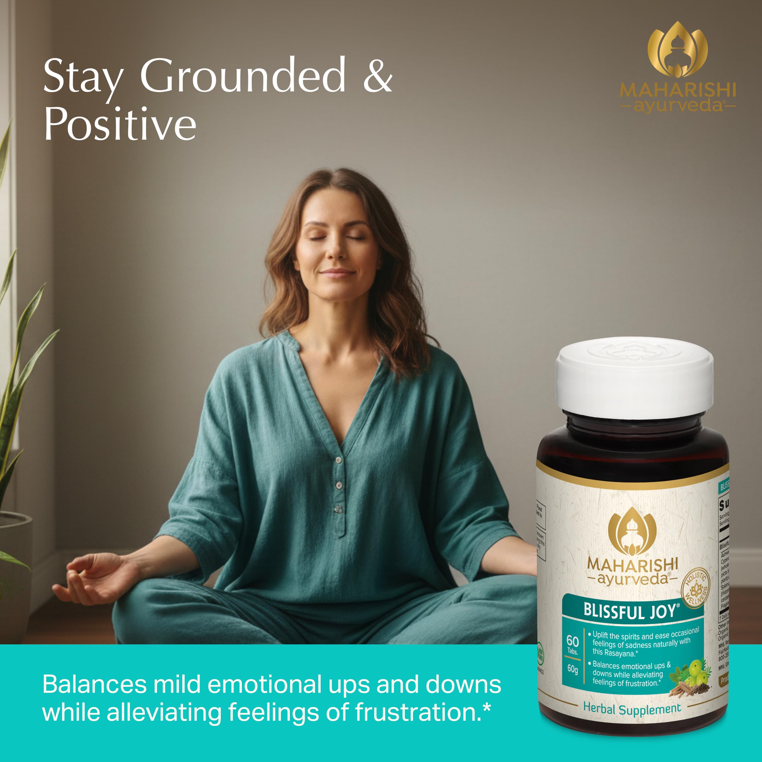 Maharishi Blissful Joy herbal blend close-up featuring Arjuna Ashwagandha and Holy Basil