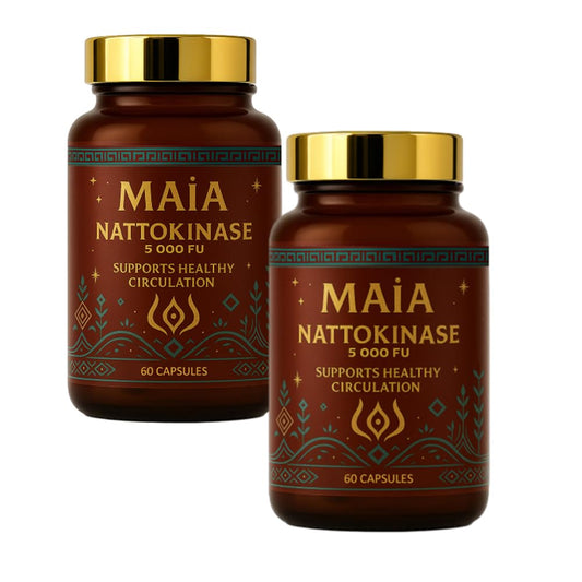 MAÏA nattokinase 5000 fu bottle with label, highlighting non-GMO plant-based capsules for daily wellness.