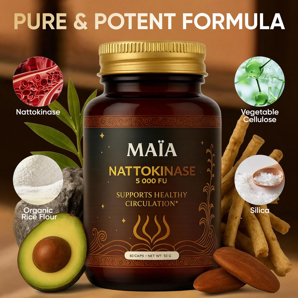 Maia Nattokinase plant-based capsules on a neutral background