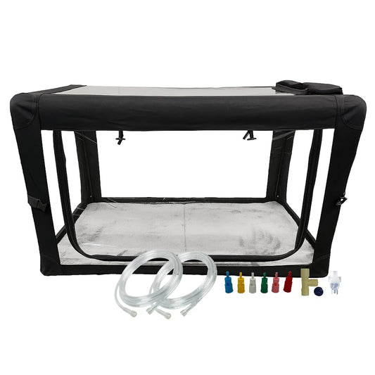 Main Clinic Supply collapsible oxygen cage for easy transport.