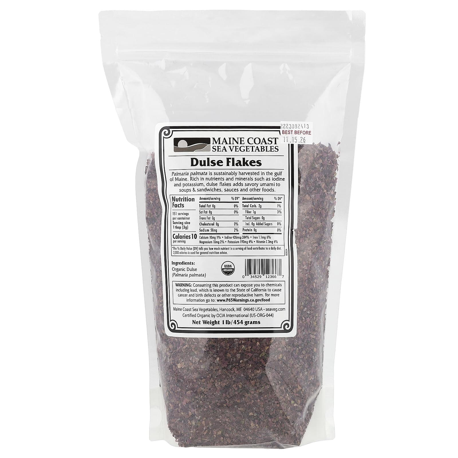 Maine Coast Dulse Flakes 1lb bottle shown for savors like umami in soups and sandwiches