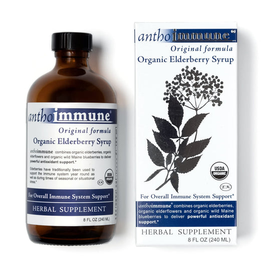 Maine Medicinals Anthoimmune elderberry syrup bottle supports immune health