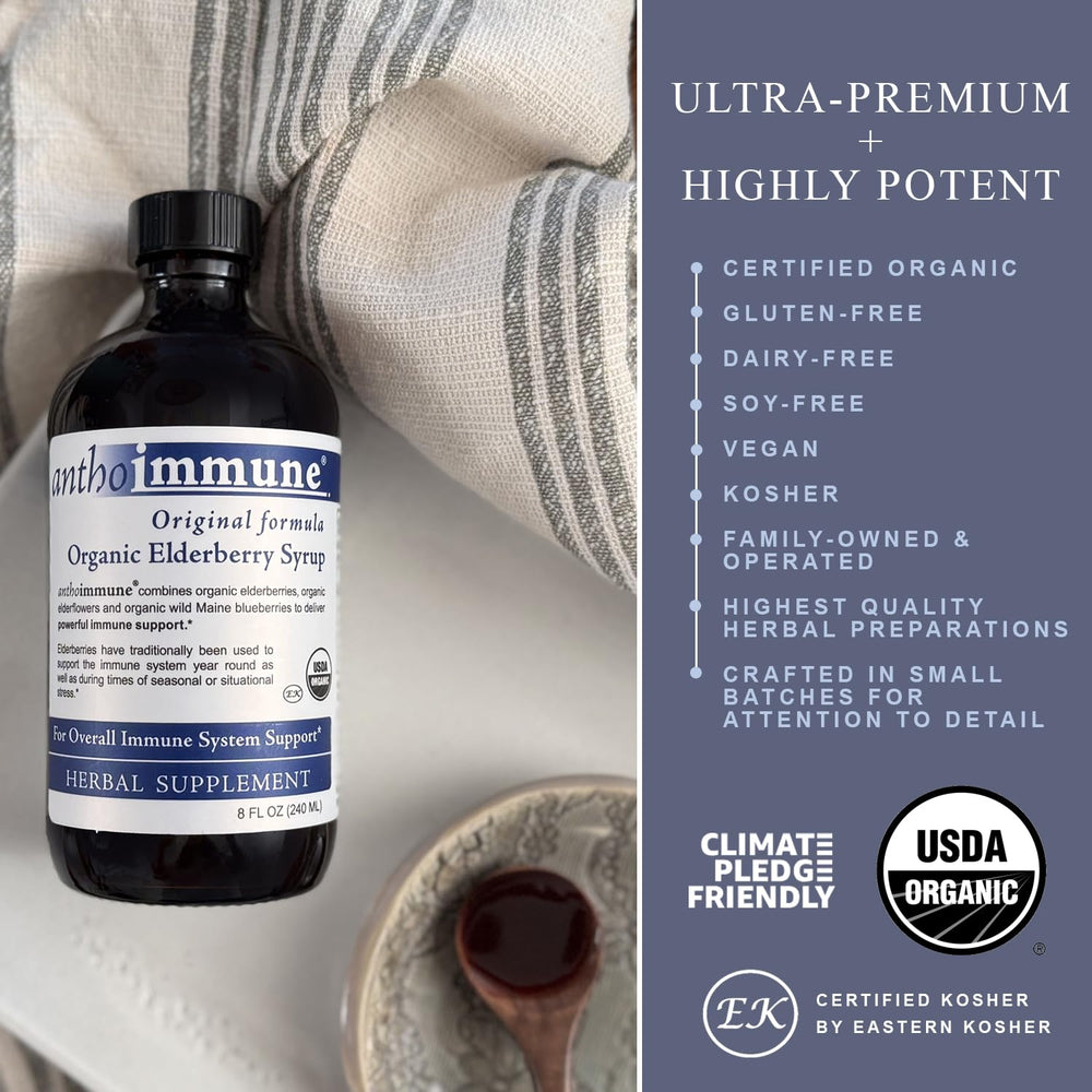 Organic elderberries and flowers visually featured in the blend