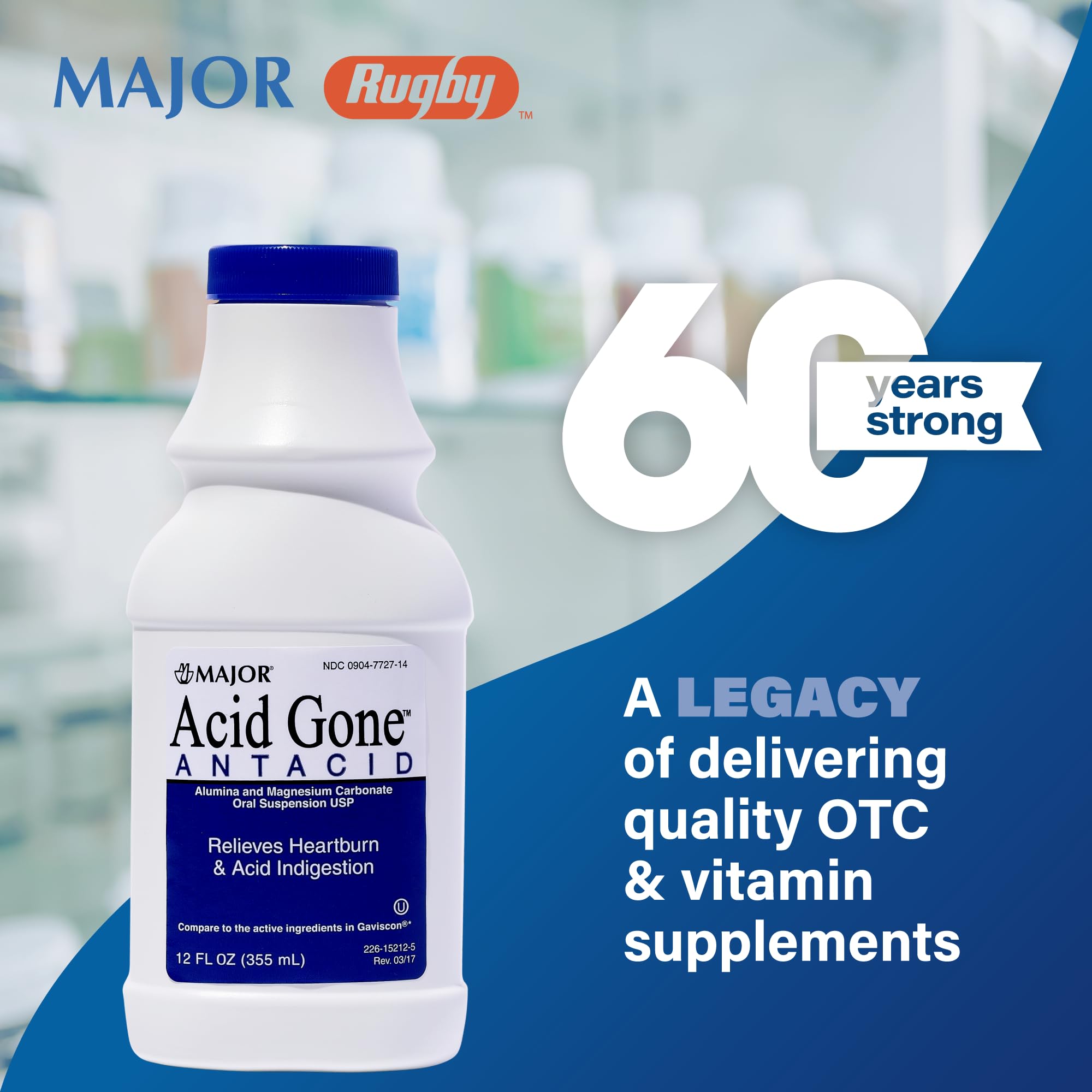 MAJOR Acid Gone liquid pour showing easy dose for after meals.
