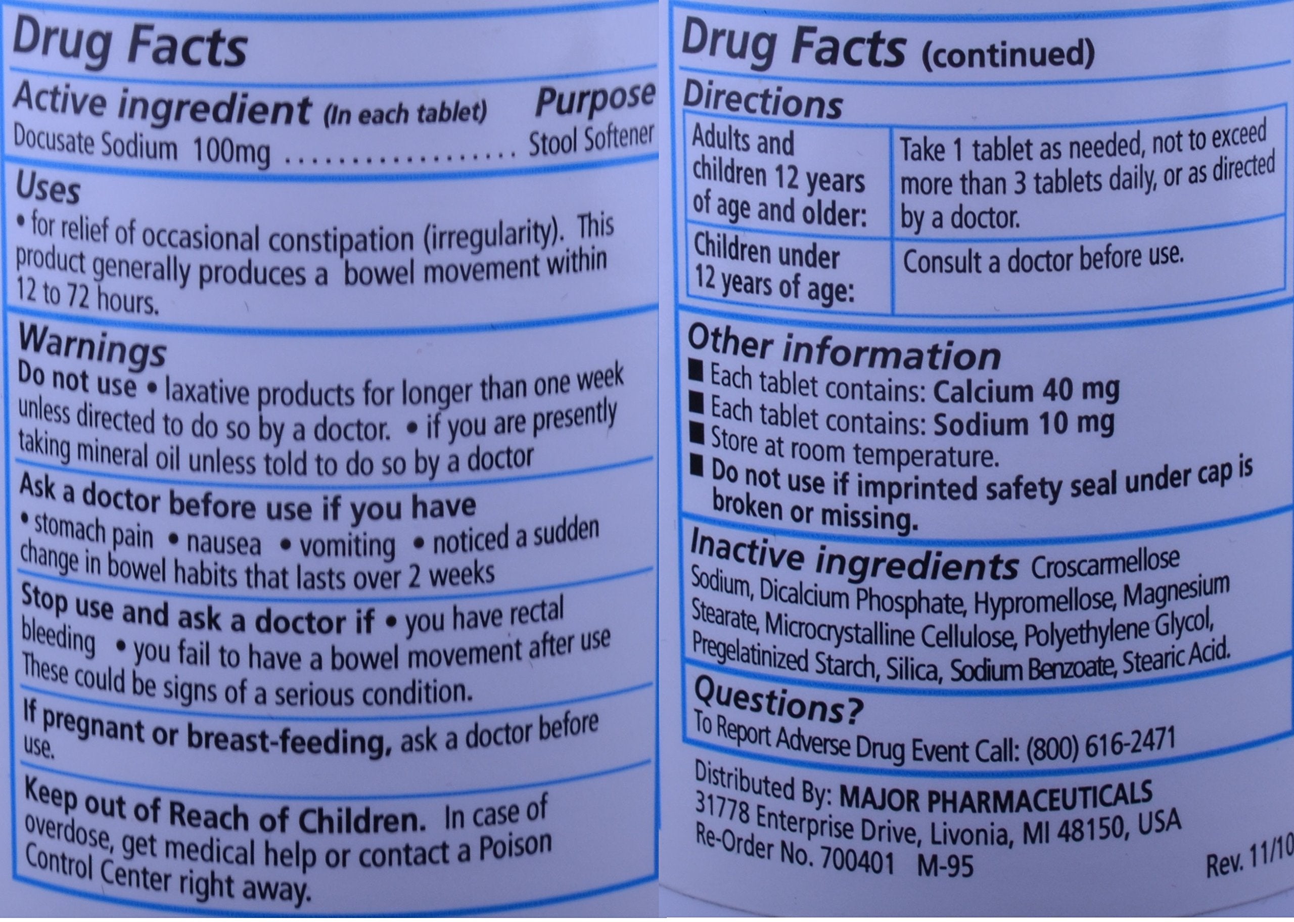 MAJOR Docucate Sodium 100 mg crushable tablets in a six-bottle pack for travel.