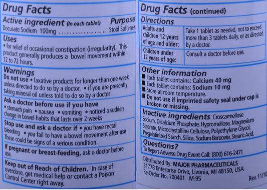 MAJOR Docucate Sodium 100 mg crushable tablets in a six-bottle pack for travel.